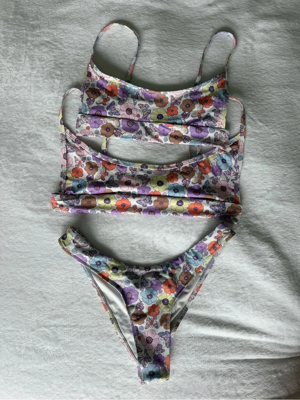 Frankie's Bikinis Floral Two-Piece Bikini in Purple, Orange, Yellow, Blue